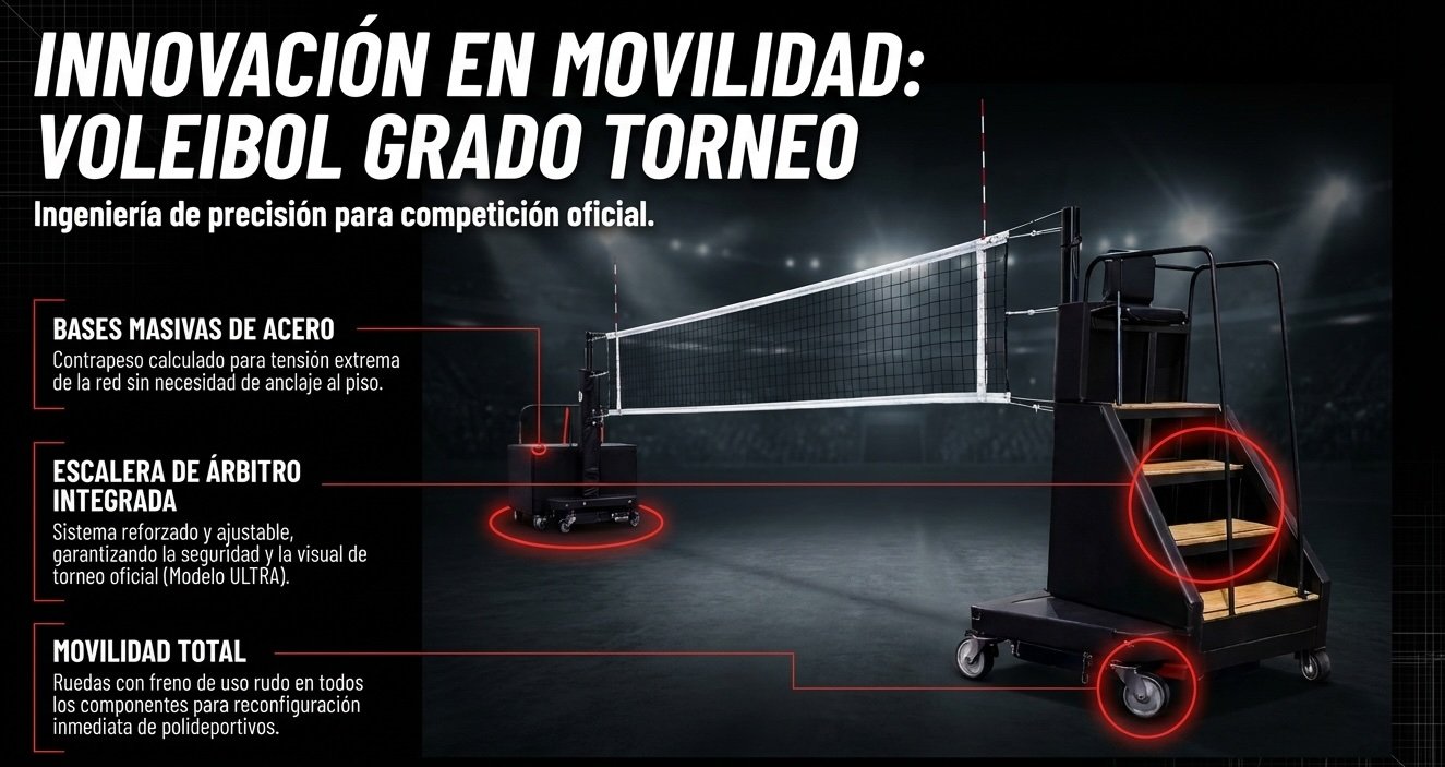 Voleibol Grado Torneo: Sistema Ultra con postes de acero masivo y silla de árbitro integrada.